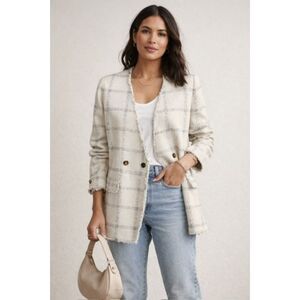 Ann Taylor Tweed Blazer Size 4 Cream Black Fringe Collarless Jacket Old Money